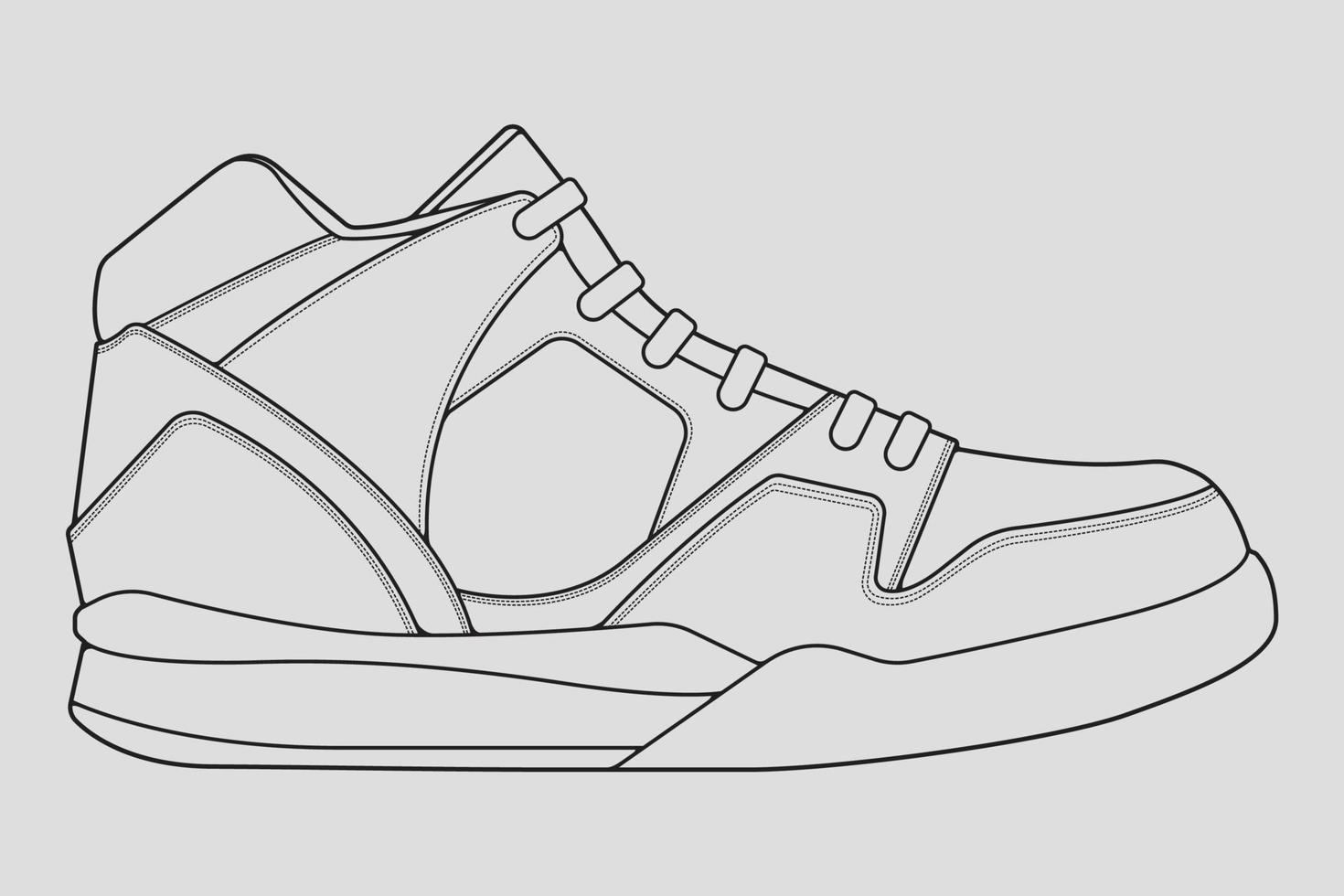 vecteur de dessin de contour de baskets de chaussures, baskets dessinées dans un style de croquis, contour de modèle de formateurs de baskets de ligne noire, illustration vectorielle.