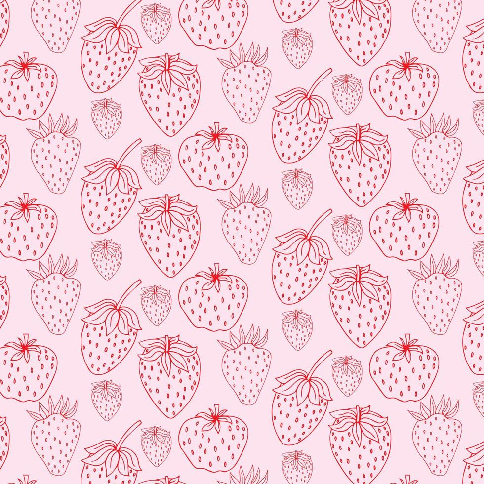modèle vectorielle continue avec de jolies fraises dessinées à la main. objets de ligne blanche sur fond rose. texture de fruits d'été pour papier d'emballage, invitation, cadeau, tissu, papier peint, textile, impression, bannière. vecteur