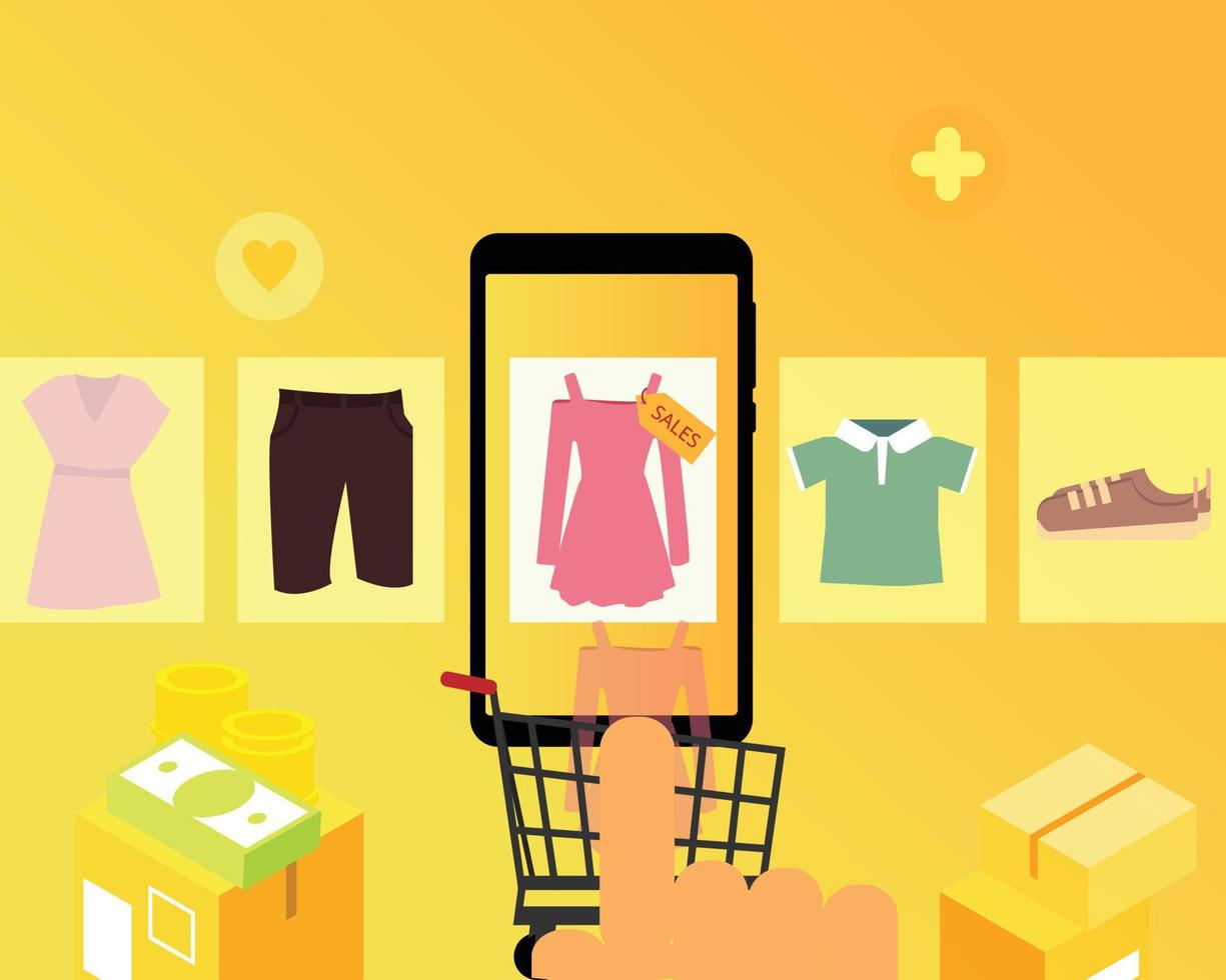 les achats à la main en ligne s'ajoutent au panier. une application pour acheter des vêtements en ligne vecteur