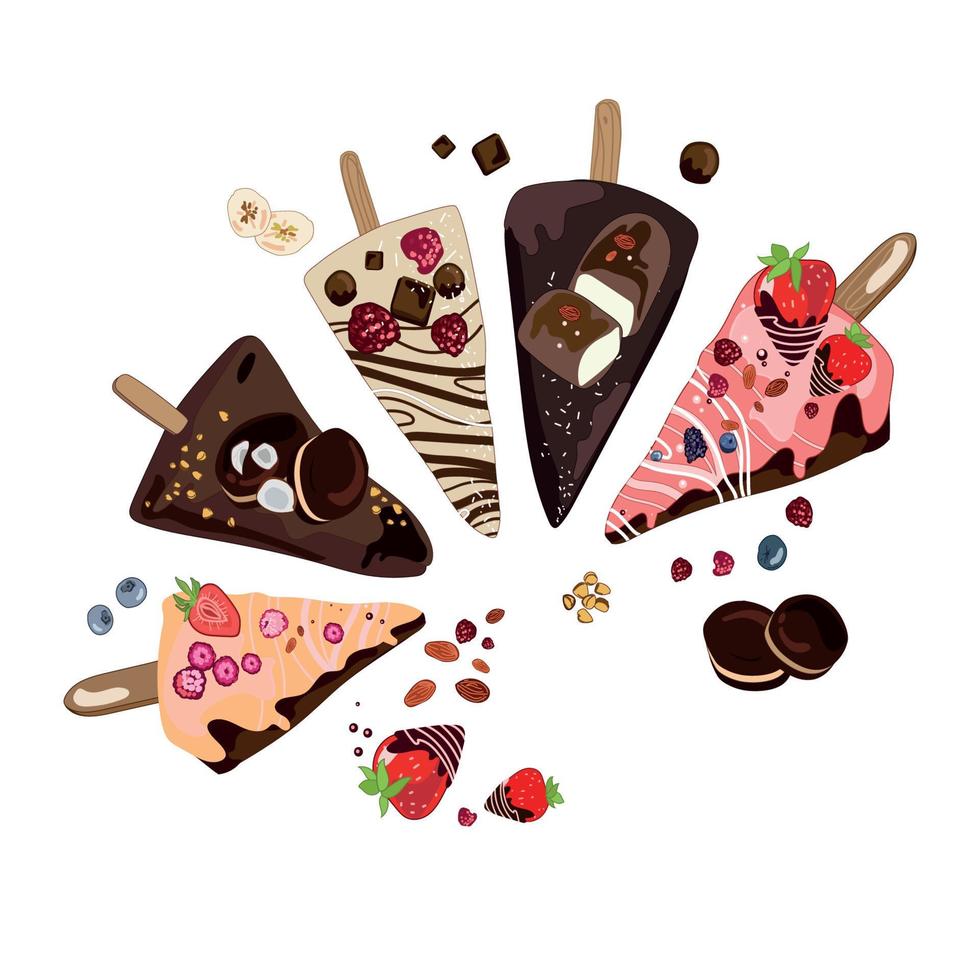 vue de dessus gâteaux tranches en glacé, fromage, baies bleues au chocolat, fraises aux framboises au chocolat, gâteaux sur un bâton, dessin à la main sur fond blanc. vecteur