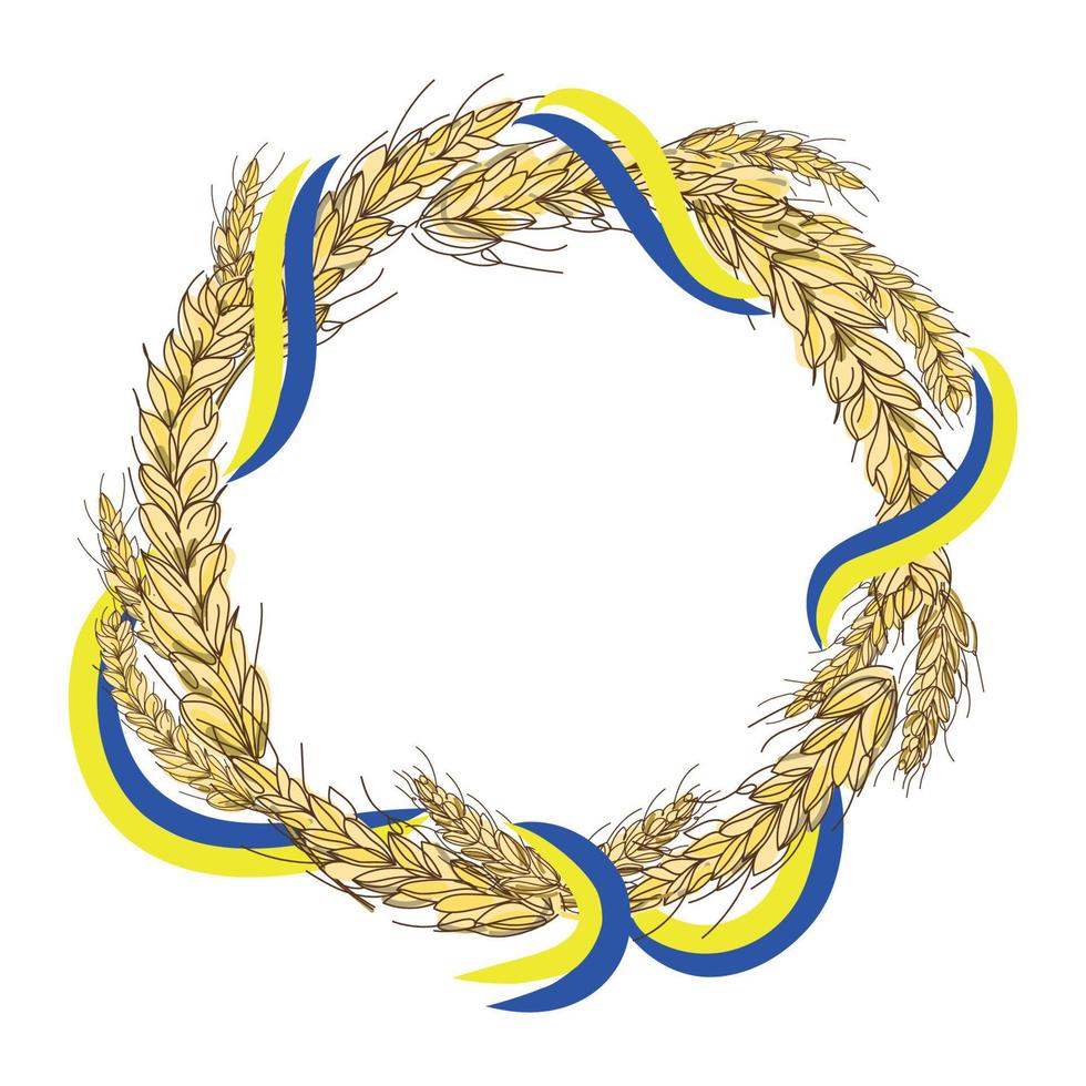 illustration vectorielle d'une couronne d'épillets de blé avec le drapeau ukrainien isolé sur fond blanc avec un espace pour votre texte. illustration de dessin animé cadre rond fait de céréales vecteur