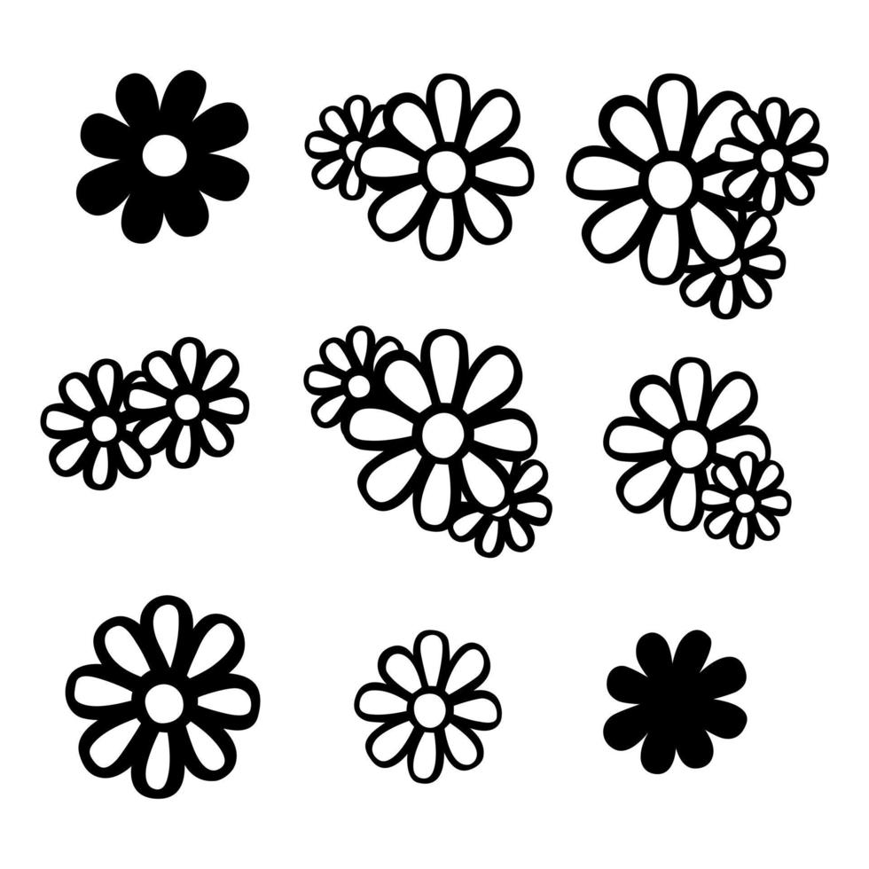éléments de ligne et de silhouette de neuf fleurs de marguerite noires. illustration vectorielle sur la nature. vecteur