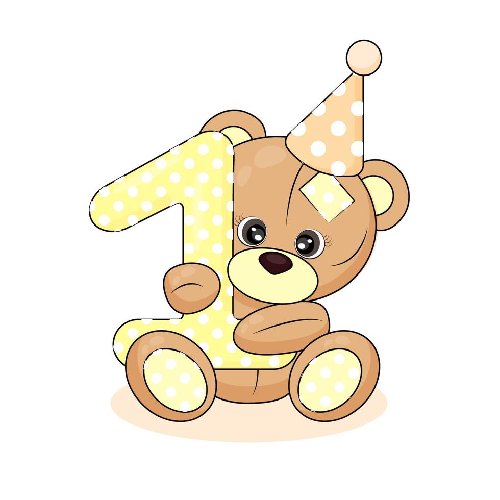 numéro un et ours en peluche, carte d'anniversaire de bébé sur fond blanc isolé, personnage de dessin animé mignon et numéro un, impression textile, emballage, illustration vectorielle d'invitation à la fête vecteur