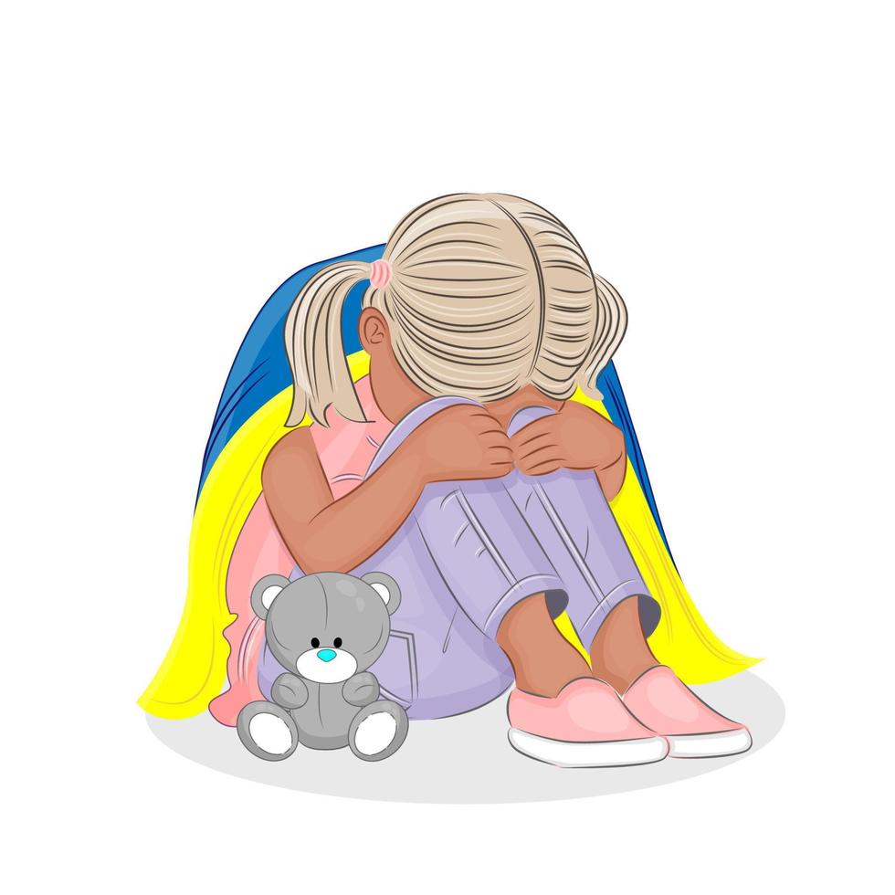 guerre en ukraine, petite fille pleurant enveloppée dans le drapeau de l'ukraine, douleur, perte, souffrance, sauver l'ukraine, illustration vectorielle vecteur