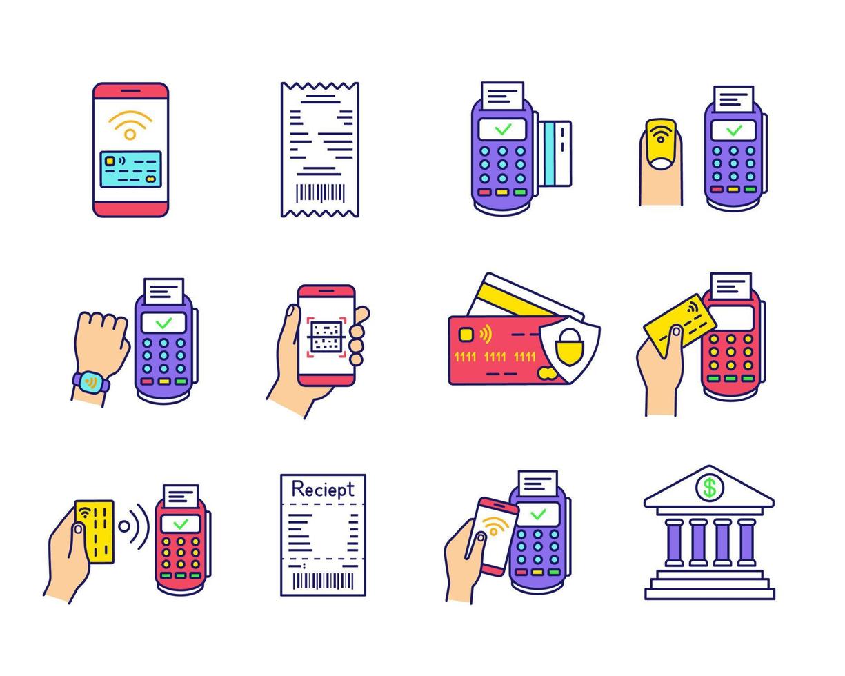 jeu d'icônes de couleur de paiement nfc. monnaie électronique. paiements sans espèces et sans contact. achat numérique. services bancaires en ligne. technologie de communication en champ proche. illustrations vectorielles isolées vecteur