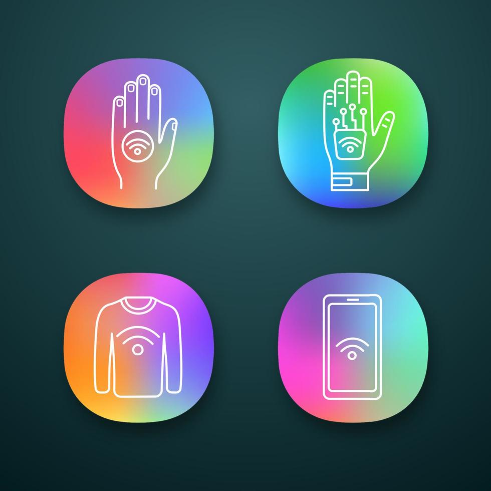 ensemble d'icônes d'application de technologie nfc. autocollant de main de champ proche, implant, vêtements, smartphone. interface utilisateur ui ux. applications web ou mobiles. illustrations vectorielles isolées vecteur