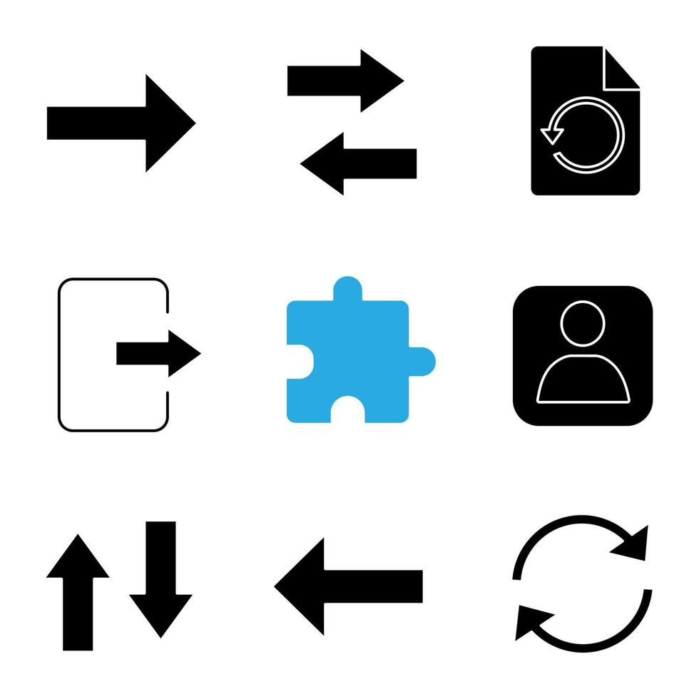ensemble d'icônes de glyphe ui ux. suivant, permutation verticale et horizontale, page de restauration, sortie, extension, userpic, retour, flèche de rafraîchissement. symboles de silhouettes. illustration vectorielle isolée vecteur