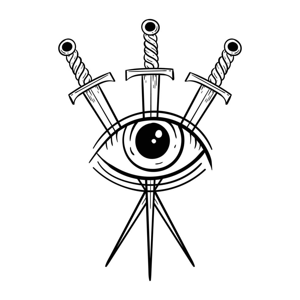 oeil dessiné à la main trois épées doodle illustration pour affiche d'autocollants de tatouage etc vecteur