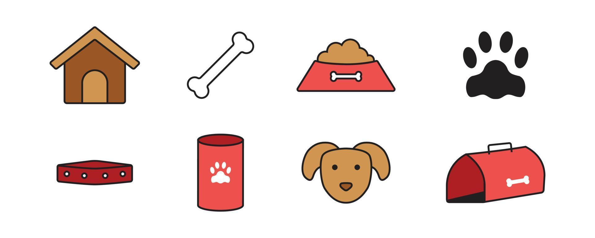 ensemble d'icônes de chien mignon dans le style de dessin animé. collection d'illustrations d'articles pour animaux de compagnie. vecteur