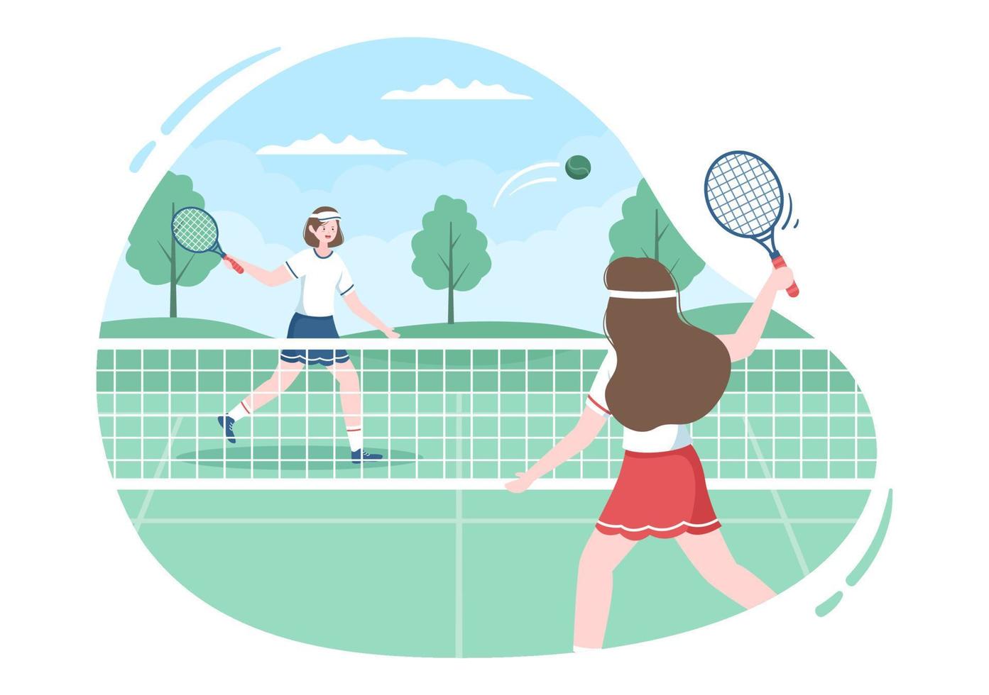 joueur de tennis avec raquette à la main et balle sur le terrain. personnes faisant un match de sport en illustration de dessin animé plat vecteur