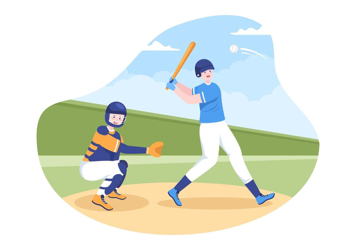 joueur de baseball sports lancer, attraper ou frapper une balle avec des battes et des gants portant l'uniforme sur le stade de la cour en illustration de dessin animé plat vecteur