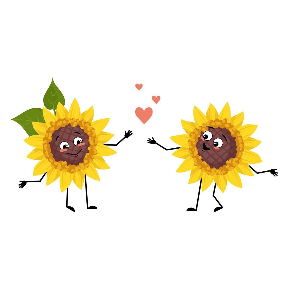 personnage de tournesol avec émotions d'amour, visage souriant, bras et jambes. personne de plante avec une expression heureuse, émoticône de fleur de soleil jaune. illustration vectorielle plate vecteur