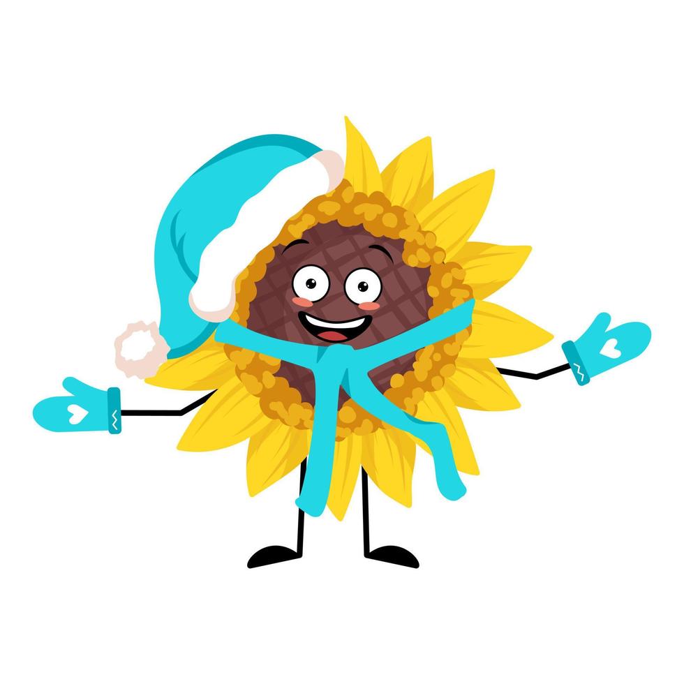 personnage de tournesol en bonnet de noel avec une émotion heureuse, un visage joyeux, des yeux souriants, des bras et des jambes. plante personne avec expression, émoticône de fleur de soleil jaune. illustration vectorielle plate vecteur
