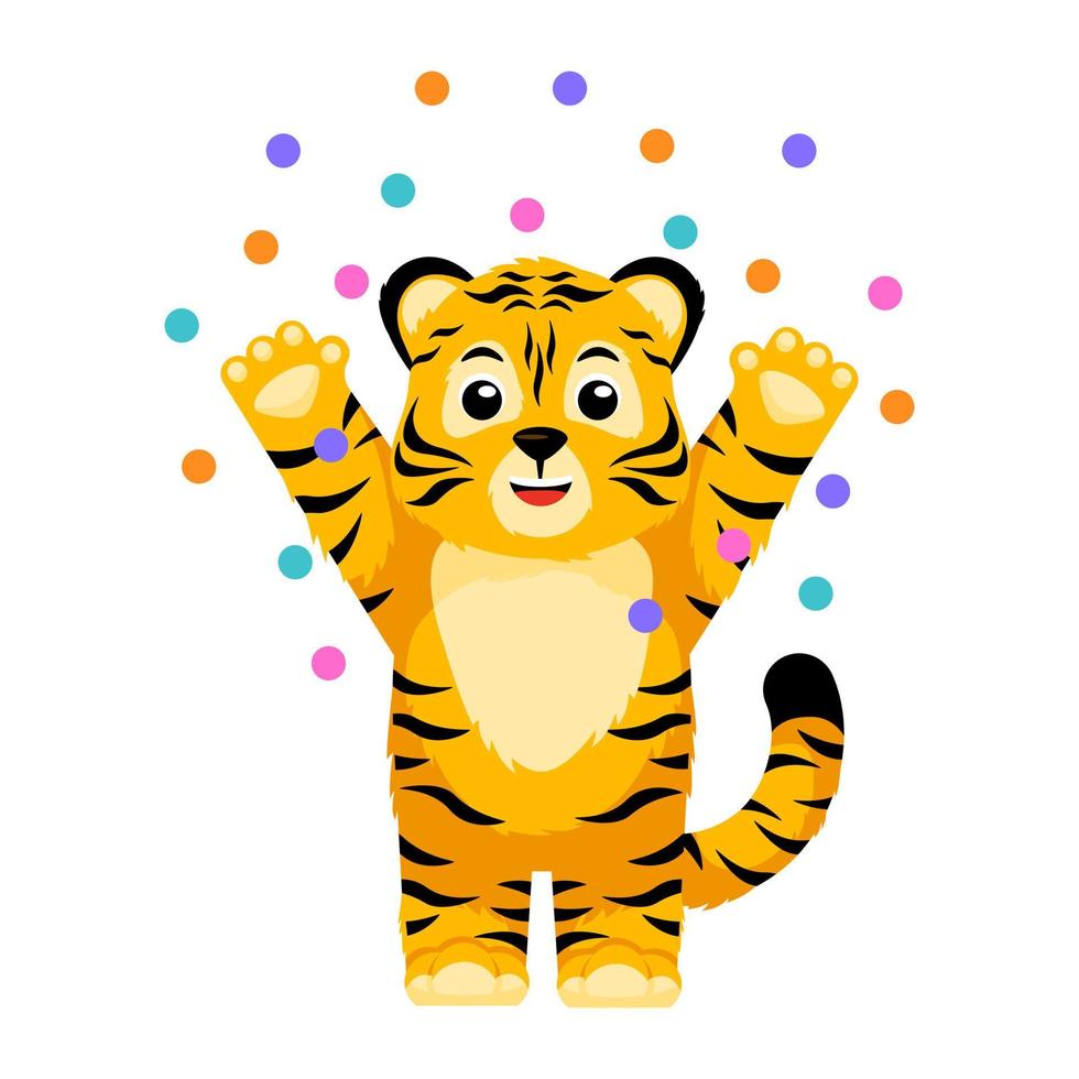 mignons petits personnages de tigre avec des confettis isolés. heureux cub dessin animé rayé tigre rouge. vecteur