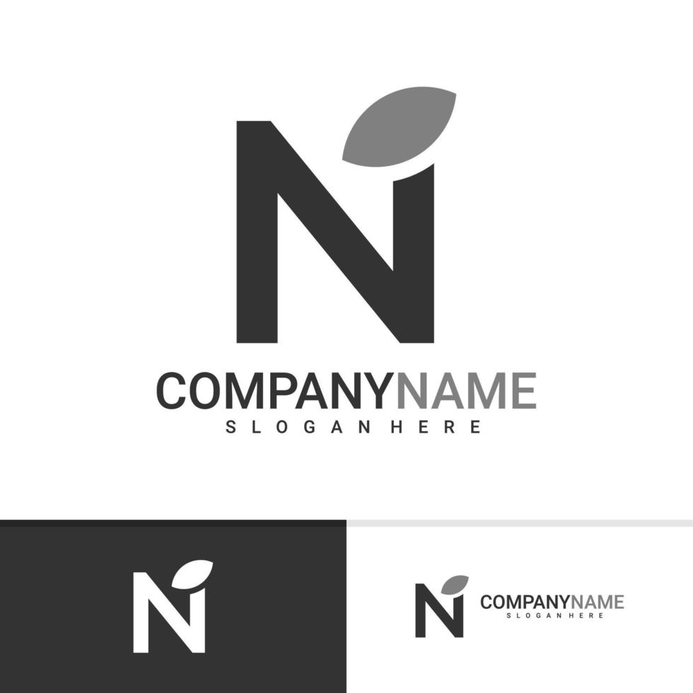 ni initial avec modèle vectoriel de logo de feuille, concepts créatifs de conception de logo ni