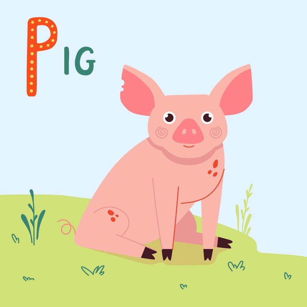 illustration de vecteur de dessin animé de cochon mignon. caractère d'animal de ferme domestique sur l'herbe verte