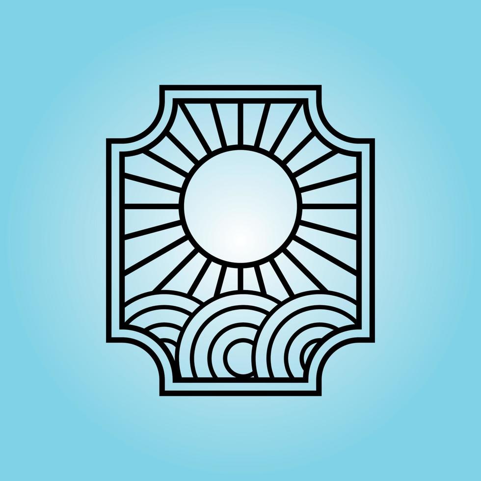 océan soleil vague insigne logo icône dessin au trait illustration de conception vecteur