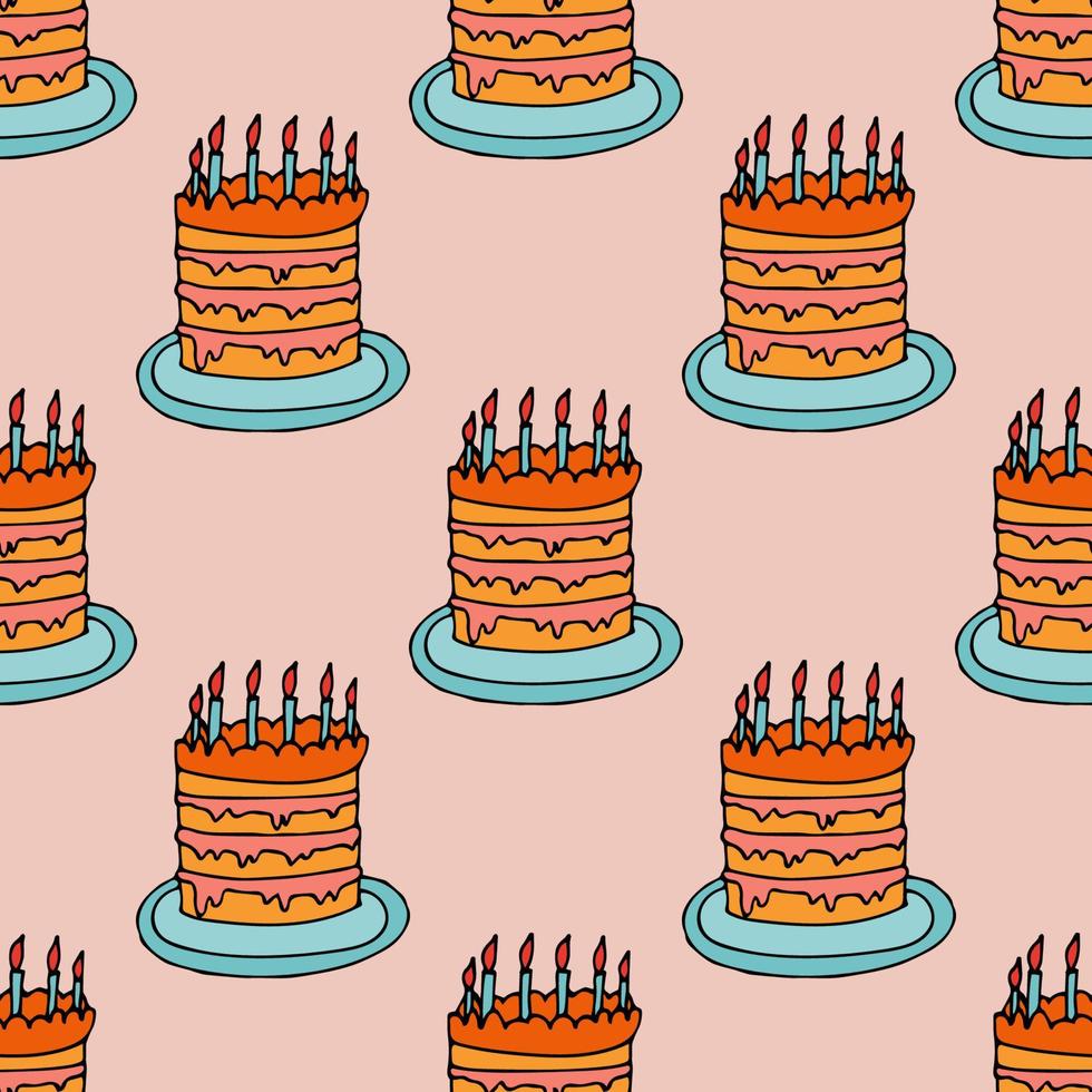 dessin animé doodle gâteau d'anniversaire avec motif sans soudure de bougies. fond de vacances. vecteur