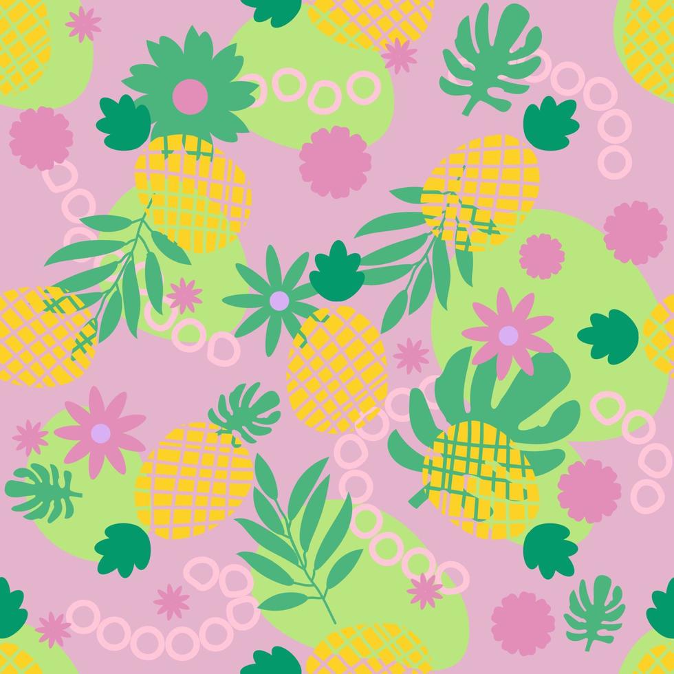 joli motif tropical sans couture avec ananas, feuille de palmier, fleur, tache, cercle. abstrait coloré avec des fruits exotiques, feuillage de palmier. vecteur