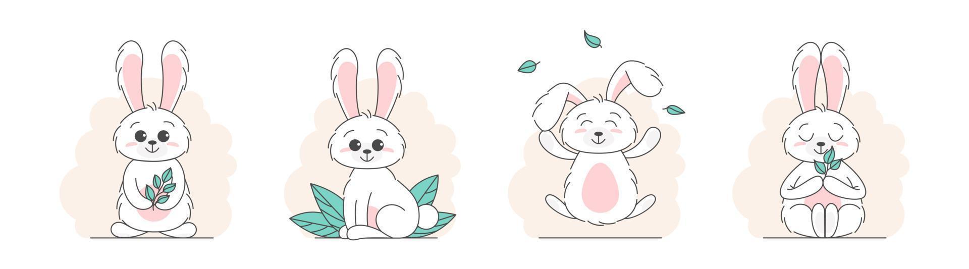 ensemble de lapins mignons, concept bébé et enfants. joyeux lapins de pâques poses différentes personnages de dessins animés. carte avec lapin mignon. lapin aux feuilles florales. conception pour bébé, affiche pour enfants, carte, invitation. vecteur