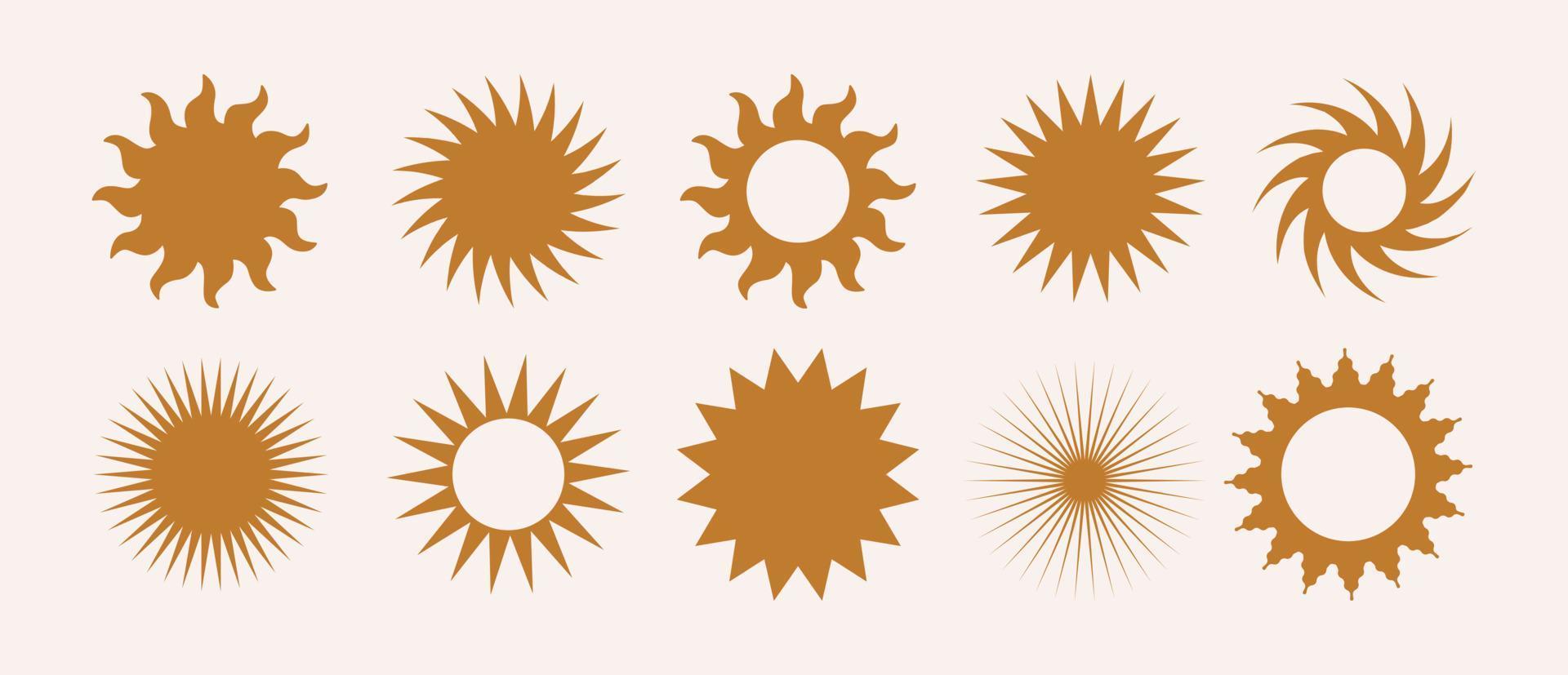 Ensemble vectoriel logo, icônes et symboles boho sun. divers éléments de soleil de conception géométrique minimaliste. tous les objets sont isolés