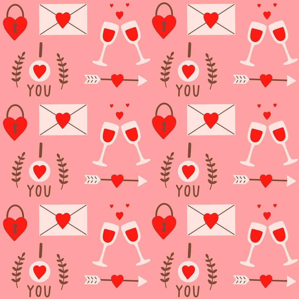 motif transparent coloré avec des éléments romantiques pour la saint-valentin sur fond rose. conception moderne dessinée à la main pour le scrapbooking, le papier d'emballage, le tissu, la carte. illustration vectorielle vecteur