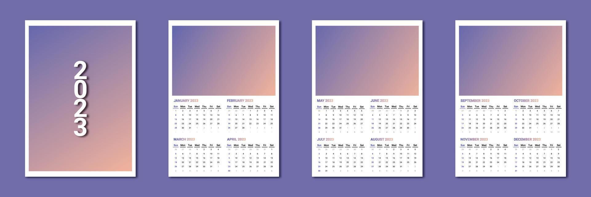 modèle de conception de calendrier 2023 avec couverture. vecteur du calendrier 2023 4 mois sur chaque page. dégradé violet et orange. début de la semaine le dimanche 2023.calendrier mural au format portrait.a3.