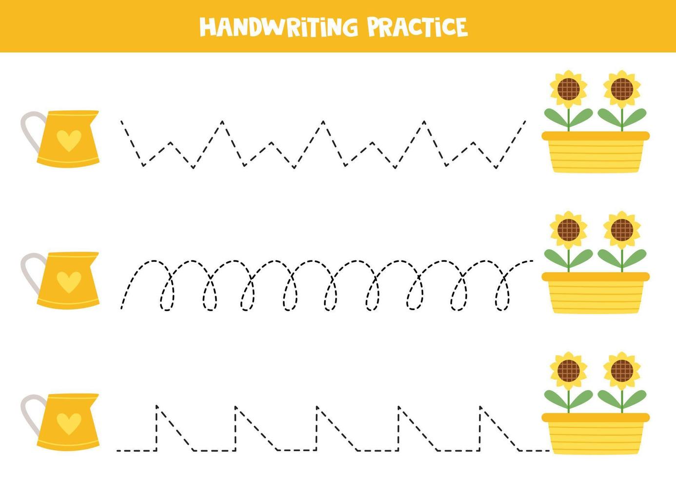 tracer des lignes pour les enfants. mignons arrosoirs et tournesols. pratique de l'écriture. vecteur