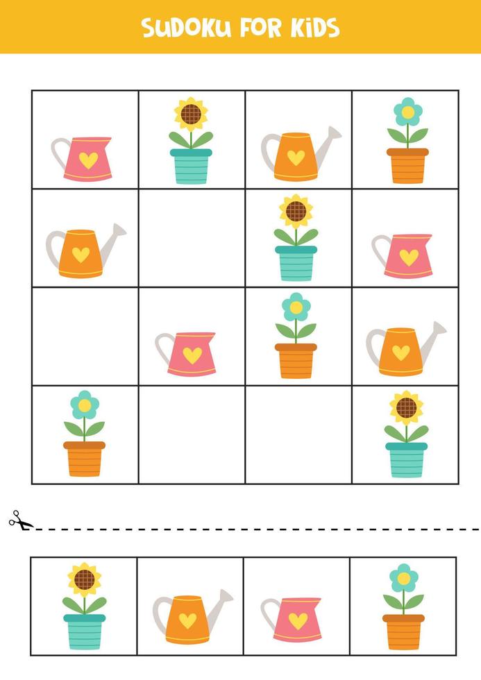 jeu de sudoku éducatif avec de jolis pots de fleurs et des arrosoirs pour les enfants. vecteur