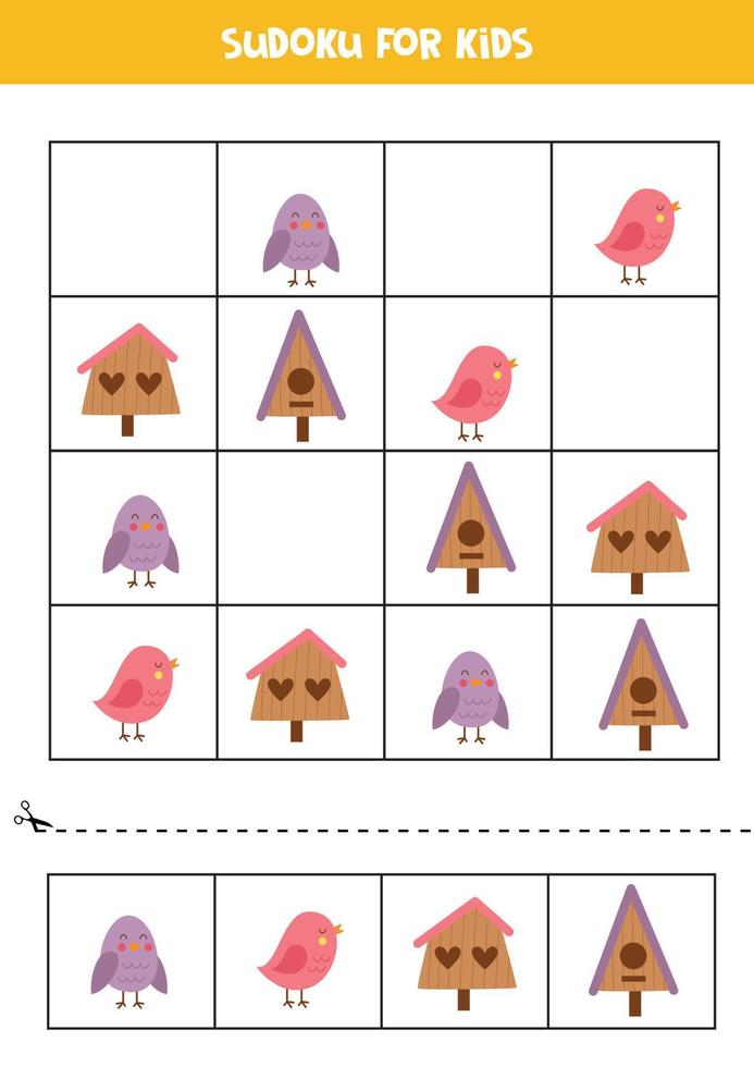 jeu de sudoku éducatif avec des oiseaux mignons et des nichoirs pour les enfants. vecteur