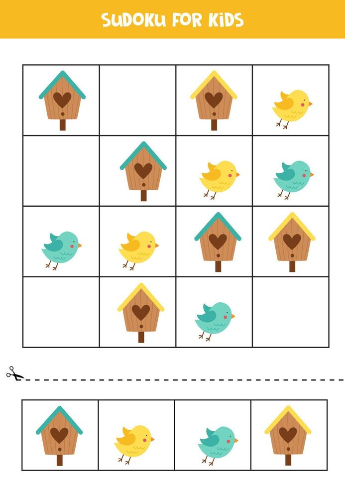 jeu de sudoku éducatif avec des oiseaux mignons et des nichoirs pour les enfants. vecteur