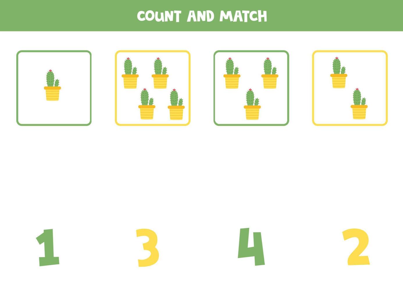 jeu de comptage pour les enfants. comptez tous les cactus et faites correspondre les nombres. feuille de travail pour les enfants. vecteur