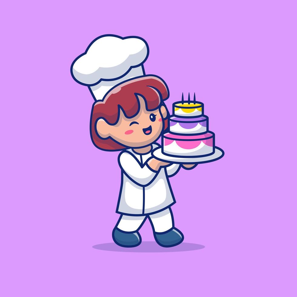 chef féminin mignon apporter illustration d'icône de vecteur de dessin animé de gâteau d'anniversaire. concept d'icône de nourriture de personnes isolé vecteur premium. style de dessin animé plat