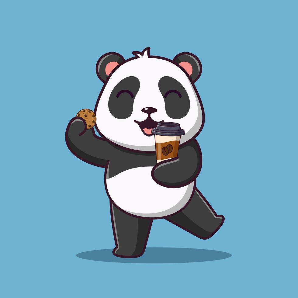 panda de dessin animé mignon tenant une tasse de café et des biscuits, illustration de dessin animé de vecteur, clipart de dessin animé vecteur