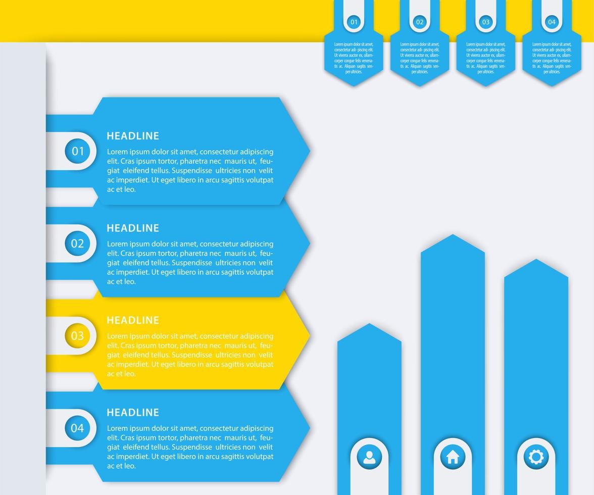 éléments d'infographie d'entreprise, 1, 2, 3, 4 étiquettes, étapes, chronologie, flèches de croissance en bleu et jaune, illustration vectorielle vecteur