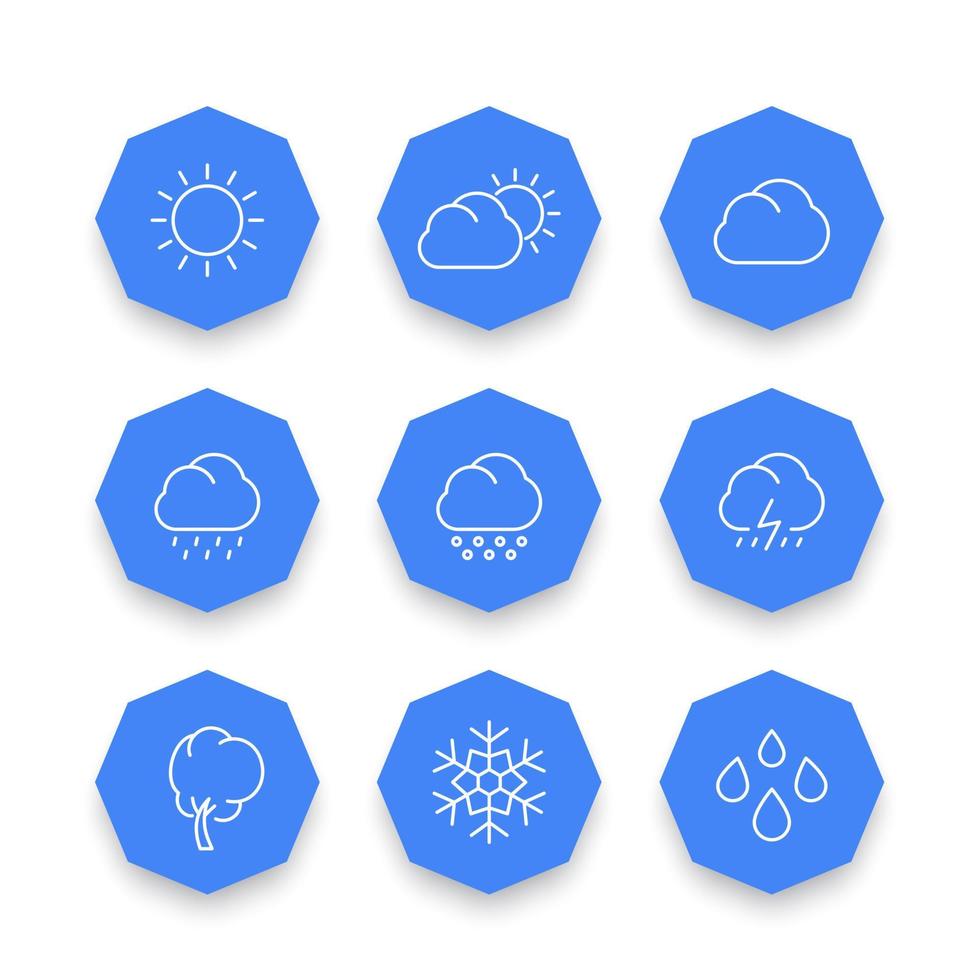 icônes de ligne météo, ensoleillé, jour nuageux, pluie, grêle, neige, nuages, vent, soleil, icônes octogone bleues, illustration vectorielle vecteur