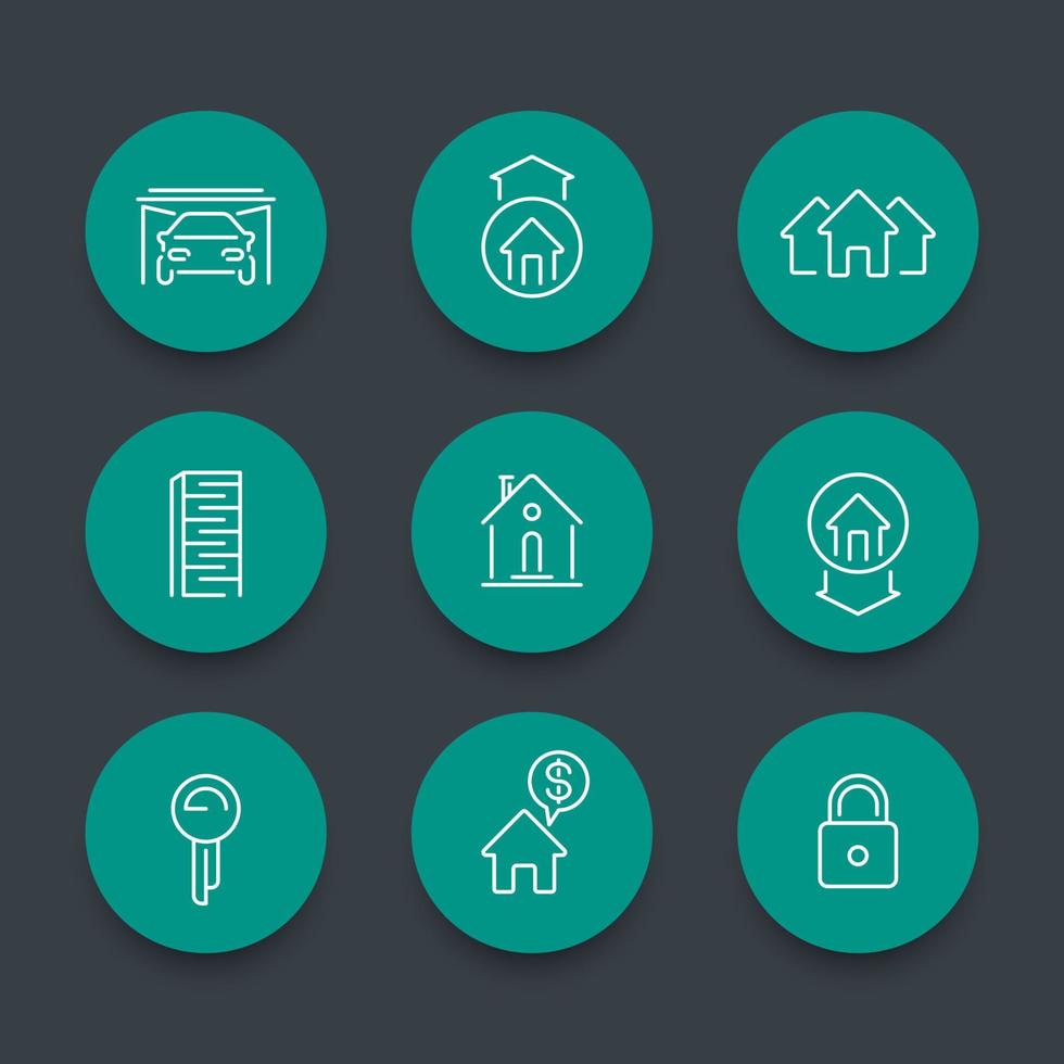 icônes de ligne immobilière, hypothèque, clé, location, prêt, bâtiment, location, maison à vendre, propriété ronde icônes vertes, illustration vectorielle vecteur