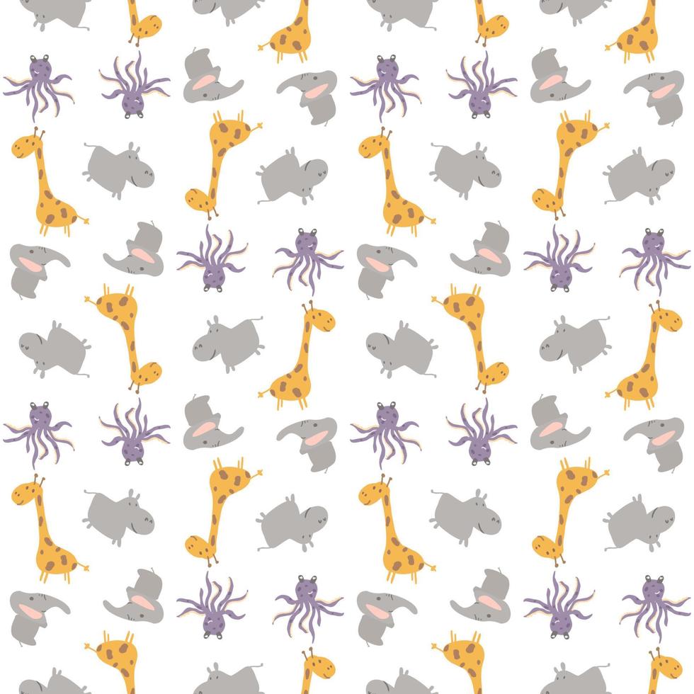 modèle d'animaux mignons dessinés à la main. girafe, hippopotame, poulpe. personnages de dessins animés sur un motif pour textile, tissu, papier peint. vecteur