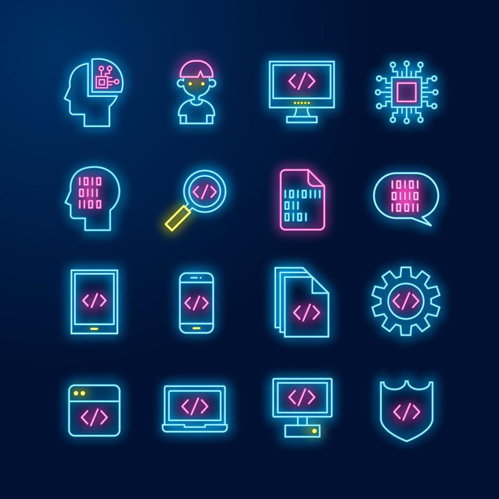 ensemble de vecteurs d'icône de ligne de néon de codage ai vecteur