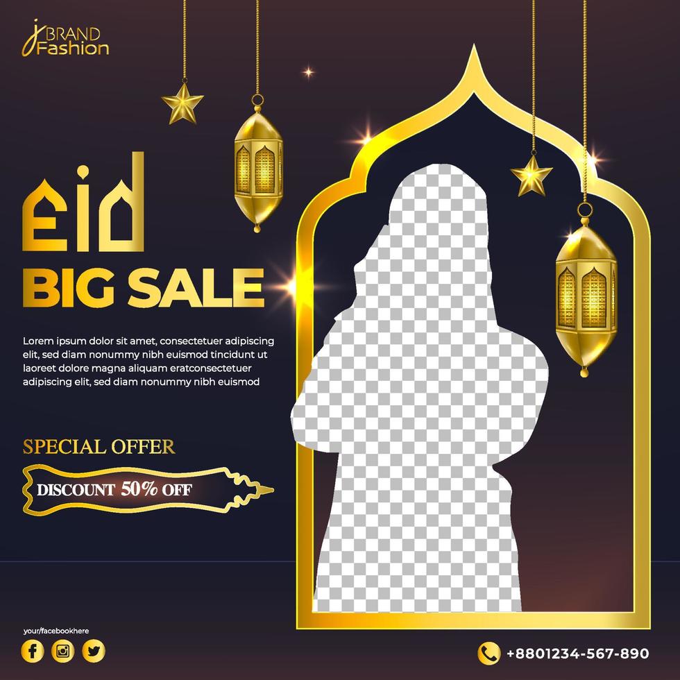 eid mubarak, conception de modèle de publication de médias sociaux de vacances musulmanes, bannière de vente eid, mosquée minar, étoile, lampe vecteur