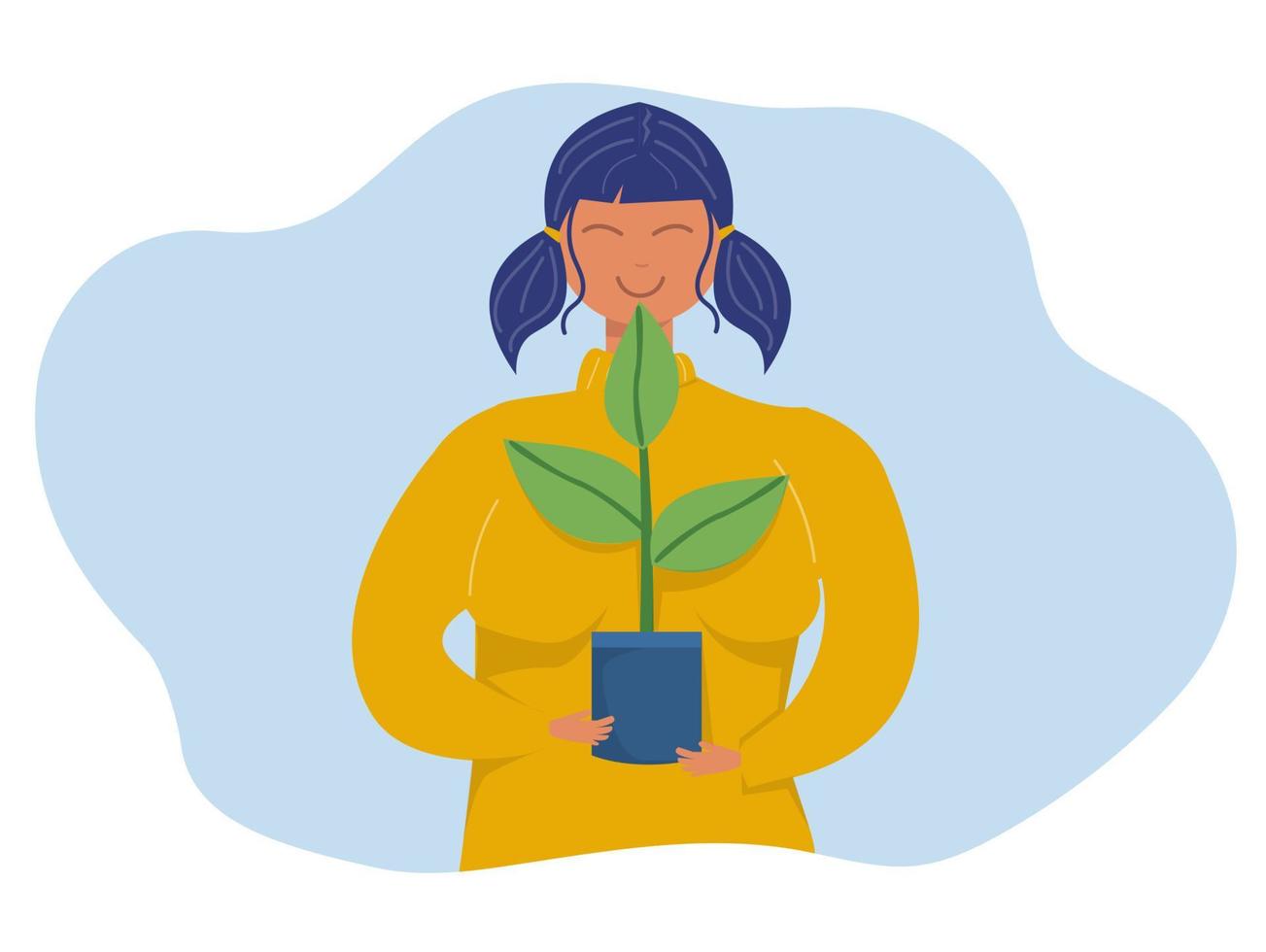 journée mondiale de la terre éco-énergie verte, jeune femme tenant un arbre végétal sur la plante en pleine croissance de la journée mondiale de la terre. agriculture, écologie, vecteur plat de dessin animé environnement
