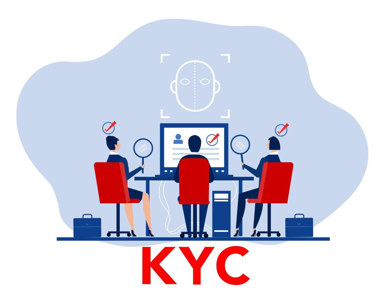 kyc ou connaissez votre client avec entreprise vérifiant l'identité de son concept de clients chez les futurs partenaires grâce à un illustrateur de vecteur en forme de loupe