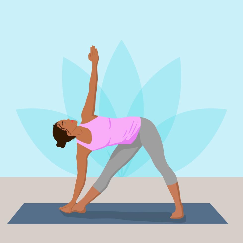 une femme à la peau foncée fait du yoga en studio. illustration vectorielle de couleur dans un style plat vecteur