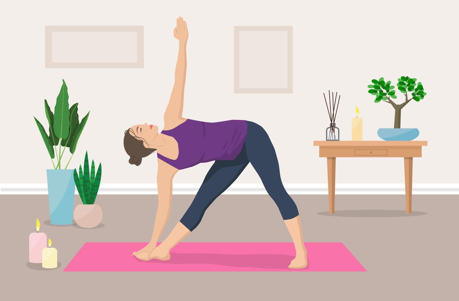 une femme à la peau claire fait du yoga dans un appartement entouré de plantes et de bougies. illustration vectorielle de couleur dans un style plat vecteur