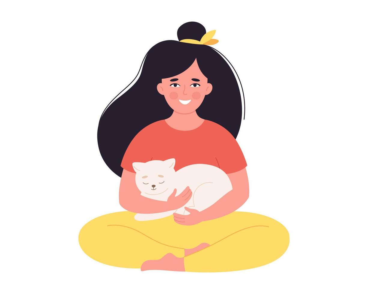 femme tenant un chat. femme avec animal de compagnie. heureux propriétaire d'animal de compagnie. vecteur