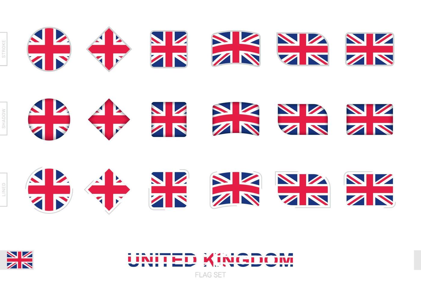 ensemble de drapeaux du royaume-uni, drapeaux simples du royaume-uni avec trois effets différents. vecteur