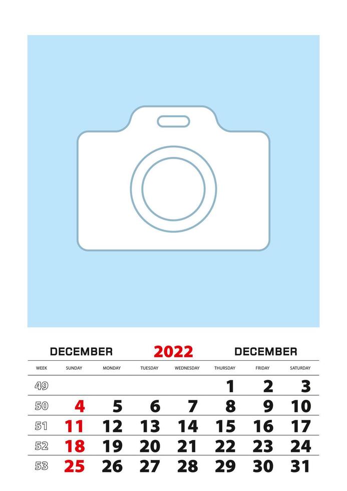 Planificateur de calendrier de décembre 2022 format a3 avec place pour votre photo. vecteur