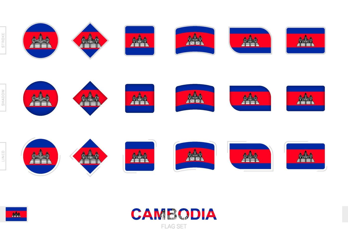 ensemble de drapeaux du cambodge, drapeaux simples du cambodge avec trois effets différents. vecteur
