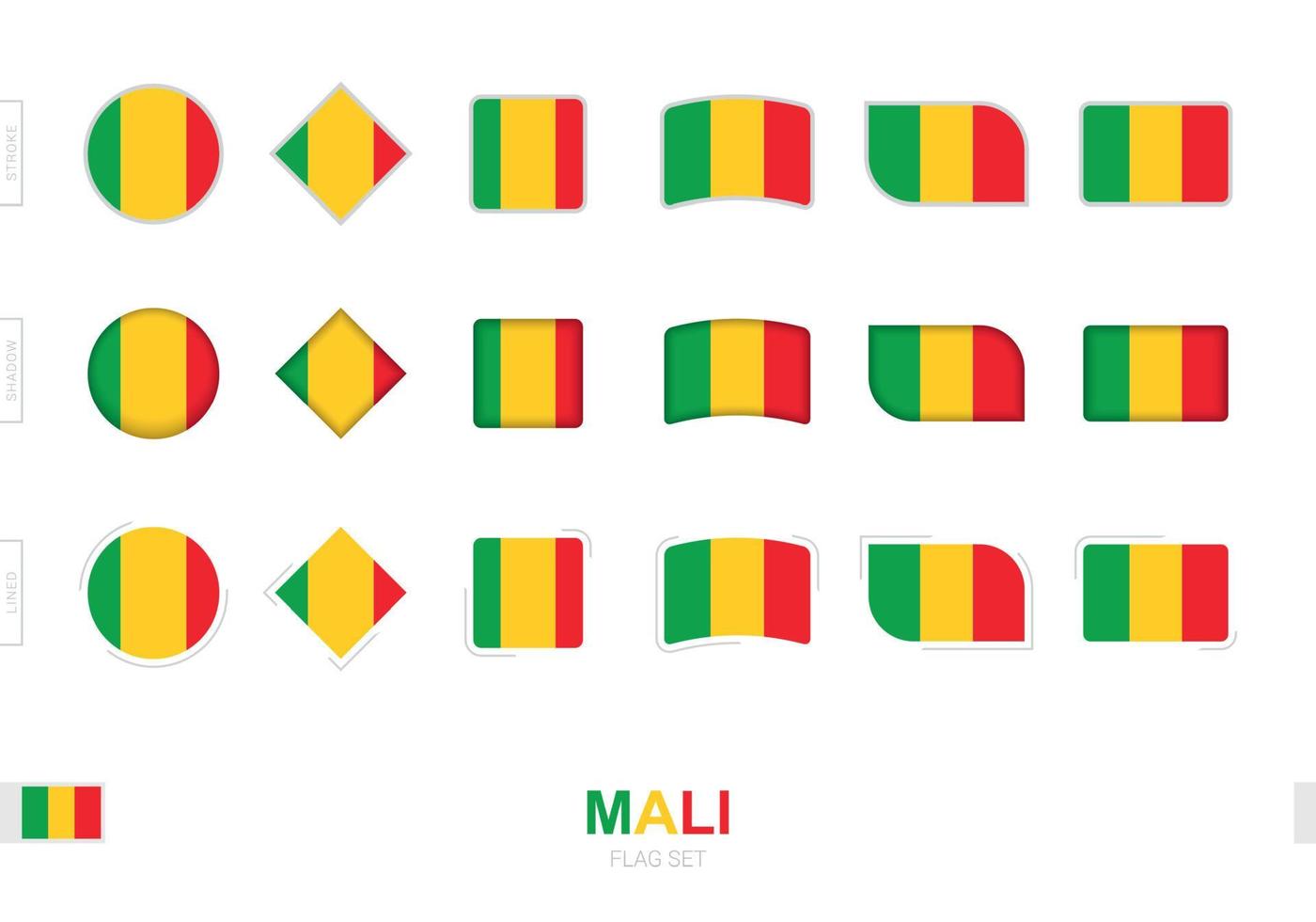 ensemble de drapeaux du mali, drapeaux simples du mali avec trois effets différents. vecteur