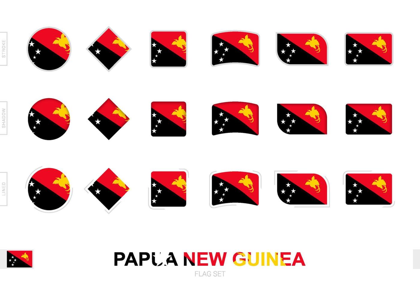 ensemble de drapeaux de papouasie-nouvelle-guinée, drapeaux simples de papouasie-nouvelle-guinée avec trois effets différents. vecteur